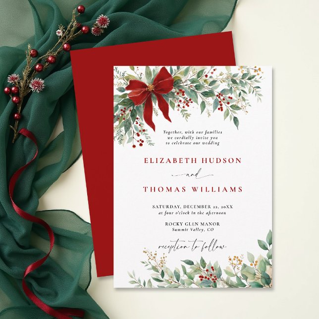 Convites Arco de Verde da Winter Natal Casamento Rústico Ve (christmas wedding invitation card template design winter greenery watercolor botanical rustic chic)
