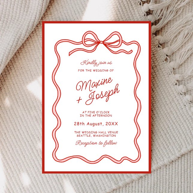 Convites Arco Desenhado à Mão Fita Vermelha Esboço Casament (Red hand drawn bow ribbon wedding invitation adds charming elegance to your special day.)