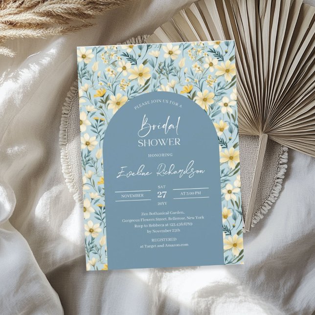 Convites Arco do boho cor d'água amarelo poeirento (Boho arch watercolor yellow dusty blue wildflowers invitation)