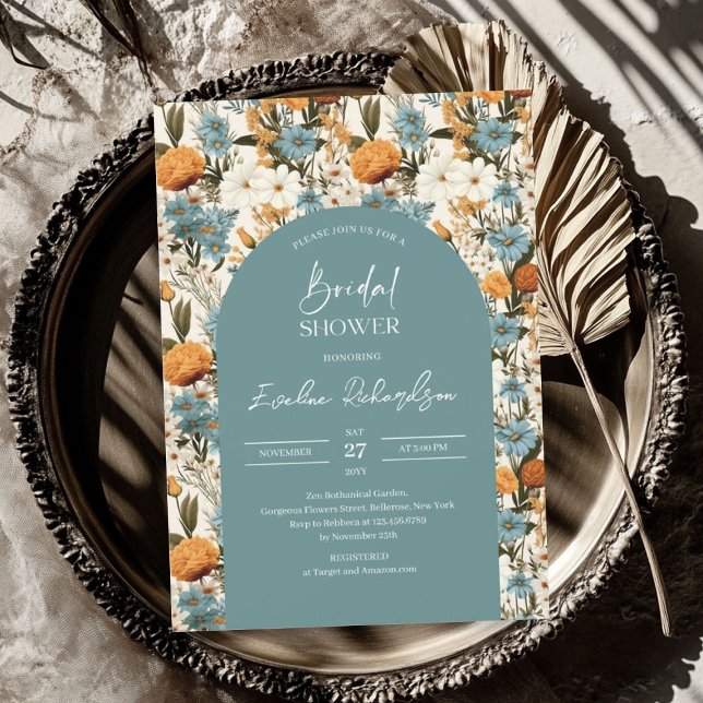 Convites Arco do boho cor d'água poeirenta laranja azul (Boho arch watercolor dusty blue orange wildflowers invitation)