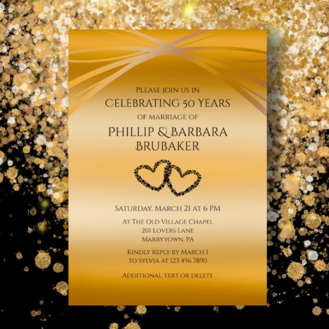 Convites Arco do Coração Original Golden de Aniversário de  (Golden Arches 50th Wedding Anniversary celebration party invitation with custom elegant black script)
