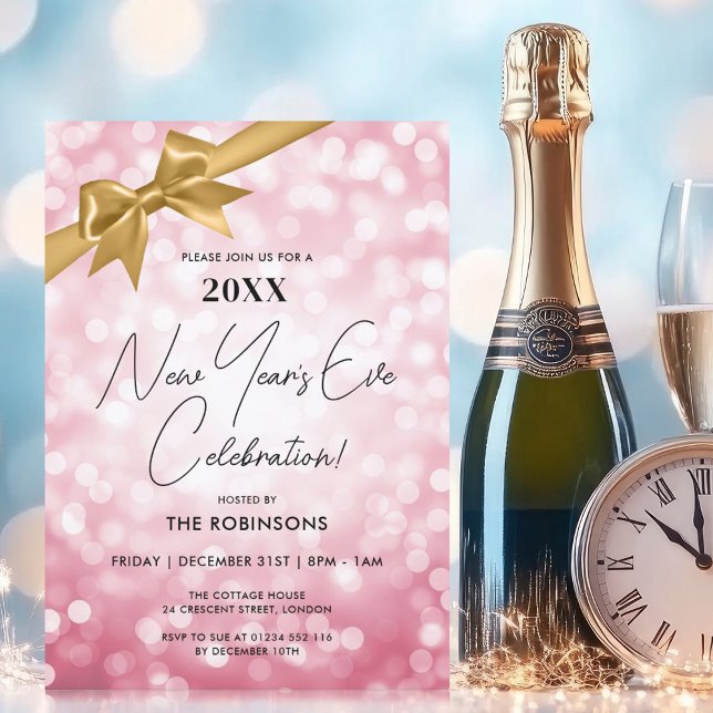 Convites Arco Dourado Blush Bokeh de Véspera de ano novo Cl (Classy New Years Eve Party Blush Bokeh Gold Bow Invitation)