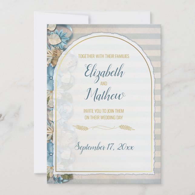Convites Arco Dourado Boho Script Azul Chinoiserie Listra (Frente)