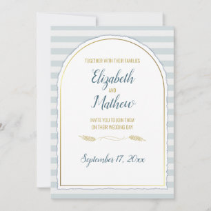 Convites Arco Dourado Boho Script Faixa Náutica Azul