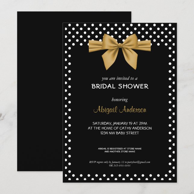 Convites Arco Dourado Chá de panela preto e branco Bolinhas (Frente/Verso)