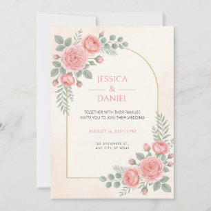 Convites Arco Dourado com Rosa Rosa em Aquarela