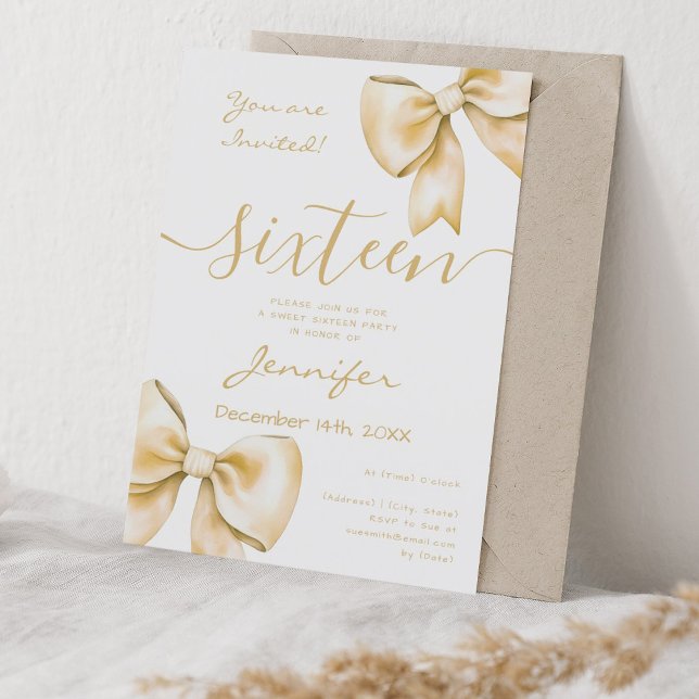 Convites Arco Dourado Coquette Doce 16 Aniversário (Coquette Gold Bow Sweet 16 Birthday Invitation)