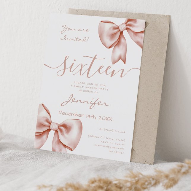 Convites Arco Dourado Coquette Doce 16 Aniversário (Coquette Rose Gold Bow Sweet 16 Birthday Invitation)