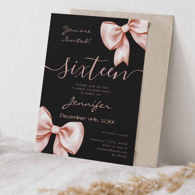 Convites Arco Dourado Coquette Doce 16 Aniversário Negro (Coquette Rose Gold Bow Sweet 16 Birthday Black Invitation)