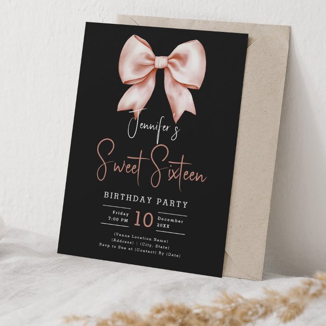 Convites Arco Dourado Coquette Script Sweet 16 Party Black (Rose Gold Bow Coquette Script Sweet 16 Party Black Invitation)