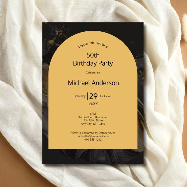 Convites Arco Dourado de Aquarela Preta 50º Aniversário Par (Black Gold Watercolor Arch Modern 50th Birthday invitation for him. Editable for any year)