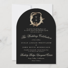Convites Arco Dourado de Casamento Monograma Preto Formal