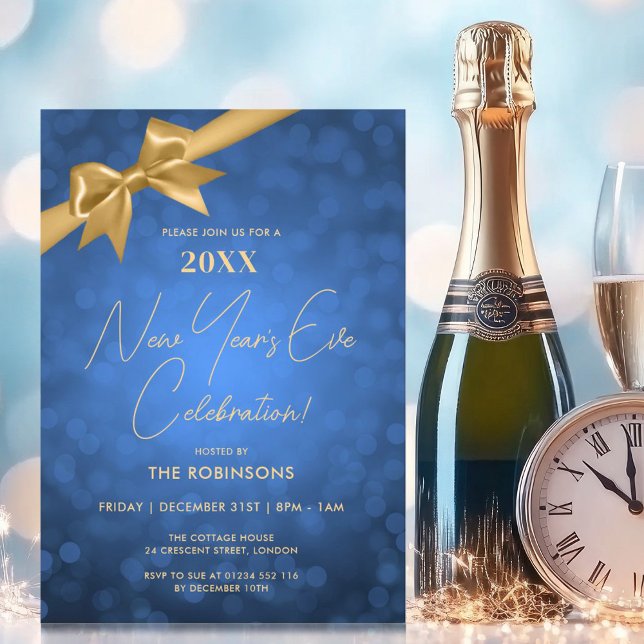 Convites Arco Dourado de Marinho de Véspera de ano novo Clá (Classy New Years Eve Party Navy Gold Bokeh Bow Invitation)
