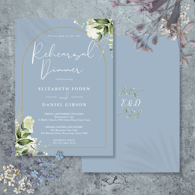 Convites Arco Dourado de Verdura Azul Poento Jantar de Ensa (Gold Arch Greenery Dusty Blue Rehearsal Dinner Invitation)