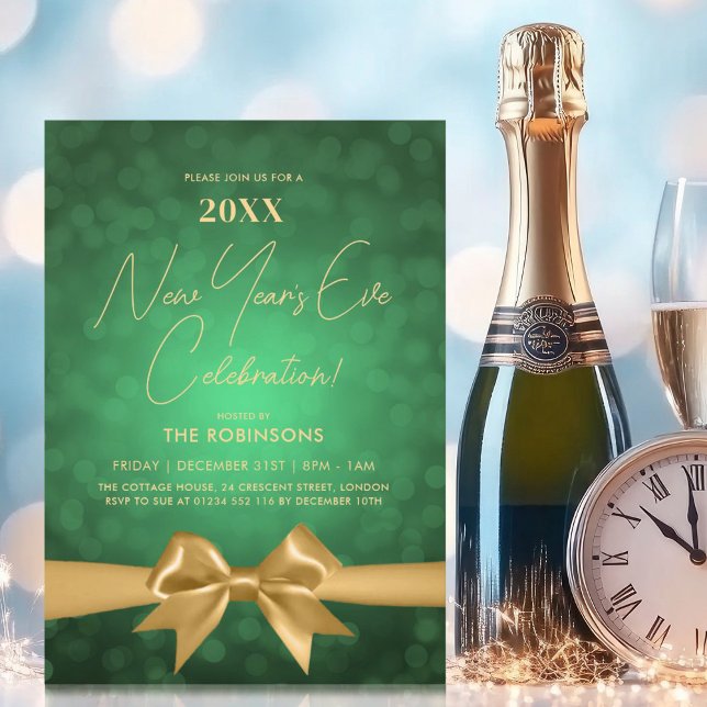 Convites ARCO Dourado do Livro Verde do Partido da Véspera  (MODERN New Years Eve Party Green Bokeh Gold Bow Invitation)
