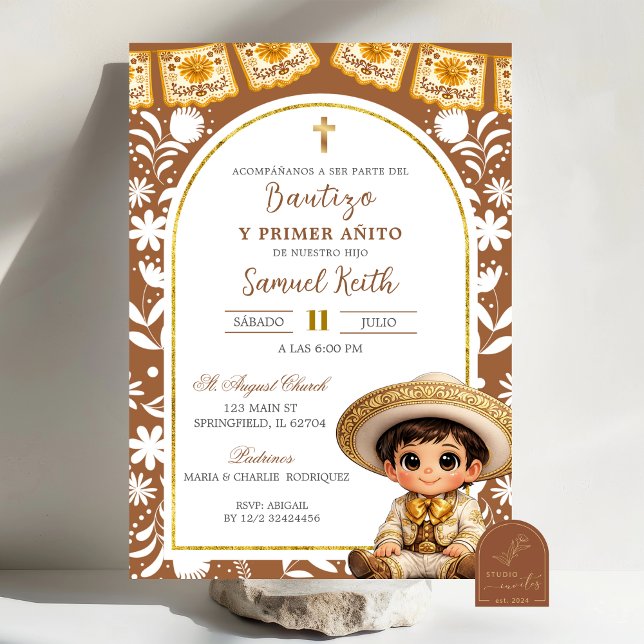 Convites Arco Dourado e Marrom Cielito Lindo Batizado (Criador carregado)
