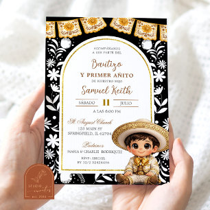 Convites Arco dourado e preto Cielito Lindo Batizado