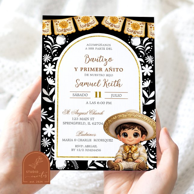Convites Arco dourado e preto Cielito Lindo Batizado (Criador carregado)