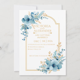 Convites Arco dourado floral em aquarela azul poeirento par