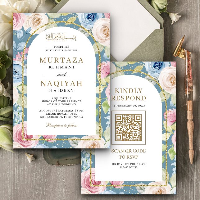Convites Arco Dourado Floral Suave Código QR Azul Casamento (Criador carregado)