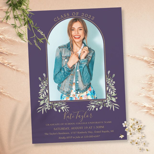 Convites Arco Dourado Foto Folhagem Roxa Formatura (Criador carregado)