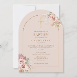 Convites Arco Dourado Grama das Pampas Floral Menina Batism