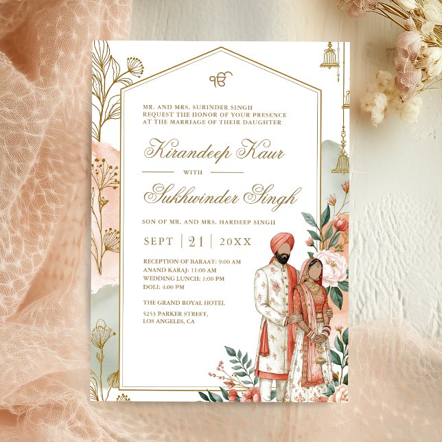 Convites Arco Dourado Moderno Flor de Pêssego Casamento Sik (Criador carregado)