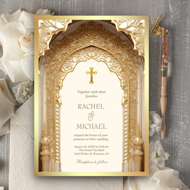 Convites Arco Dourado Real Religioso Cristão Creme Casament (Criador carregado)