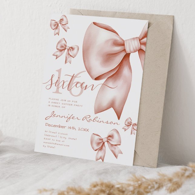 Convites Arco Dourado Rosa de coquete bonito doce 16 (Cute Coquette Rose Gold Bow Sweet 16 Invitation)