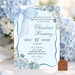 Convites Arco Dusty Blue coquete floral Quinceanera
