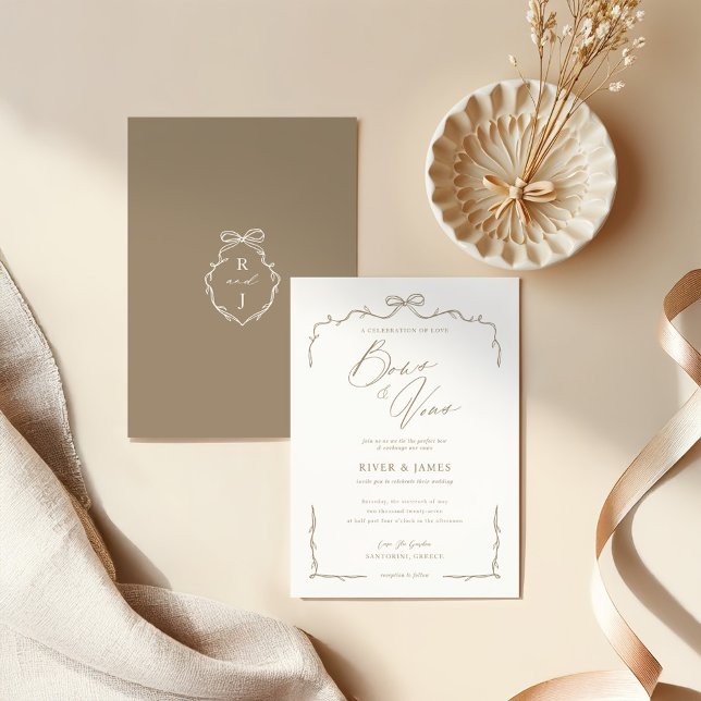 Convites Arco E Casamento De Fita De Mão De Beige Elegante (Elegant Beige Hand Drawn Bow & Ribbon Wedding Invitation)