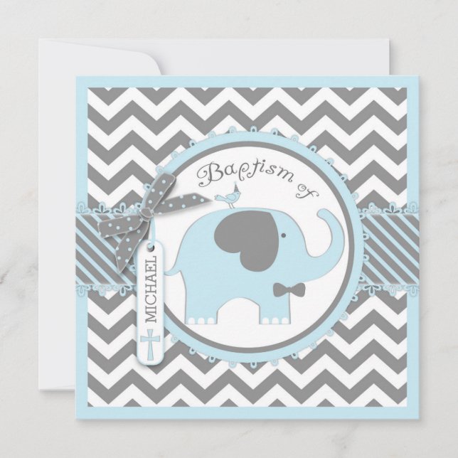 Convites Arco Elefante Azul Tie Chevron Baptism (Frente)
