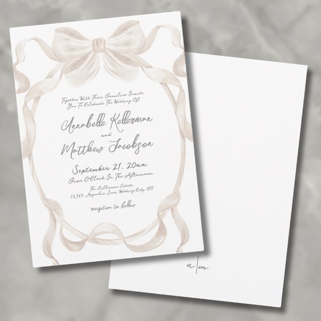 Convites Arco Elegante Casamento Caprichoso (Elegant Romantic Bow Ribbons Whimsical Wedding Invitation)