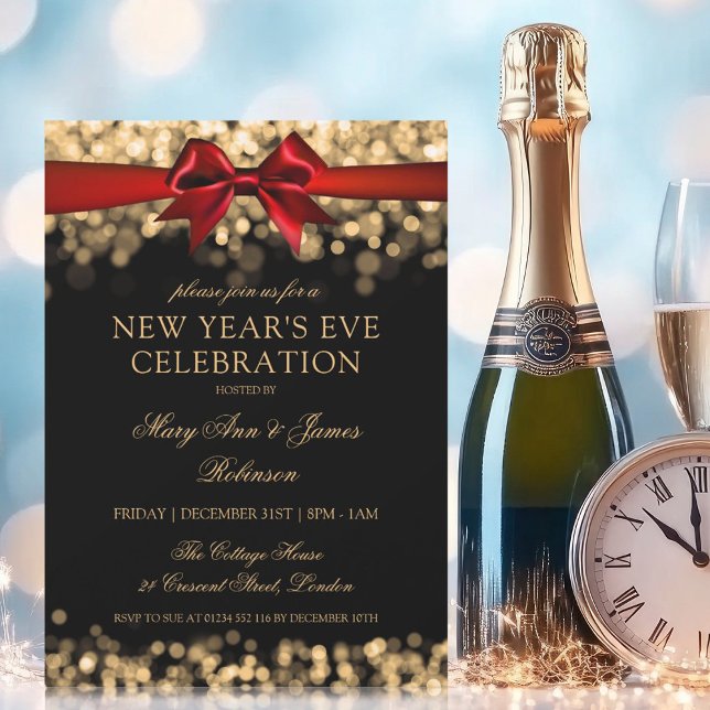 Convites Arco Elegante das Luzes de Shimmering Douradas (Elegant New Years Eve Gold Shimmering Lights Bow Invitation)