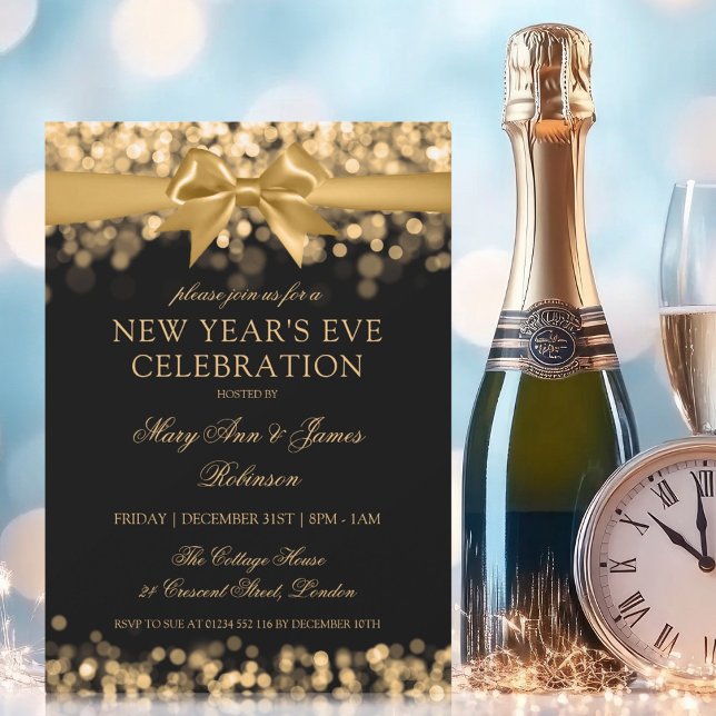 Convites Arco Elegante das luzes Douradas do Shimmer (Elegant New Years Eve Gold Shimmer Lights Bow Invitation)