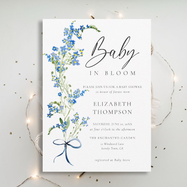 Convites Arco Elegante de Flor Selvagem de Flor Molho Azul (wildflowers baby shower invitation blue in bloom watercolor bow elegant garden rustic chic boho)