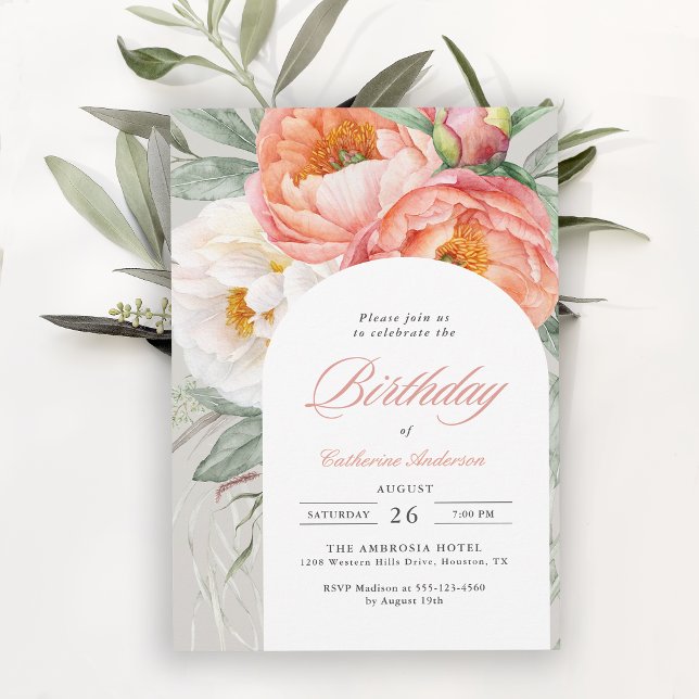 Convites Arco Elegante de Flores de Pêssego para Aniversári (Invitation may be ordered in both printed and digital formats.)