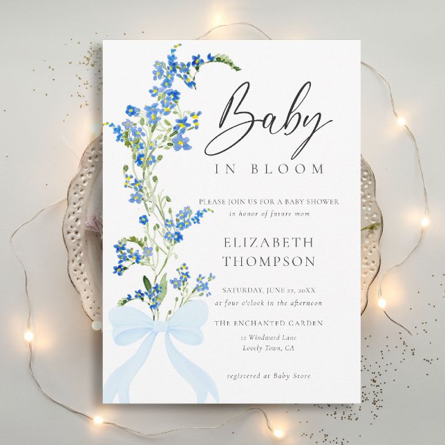Convites Arco Elegante de Flores Moles de Sangue Azul de Fl (wildflowers baby shower invitation blue bow elegant garden party romantic watercolor rustic boho)