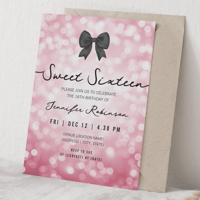 Convites Arco Elegante e Luzes Doze Anos Rosa Choque (Elegant Bow & Lights Sweet Sixteen Hot Pink Invitation)