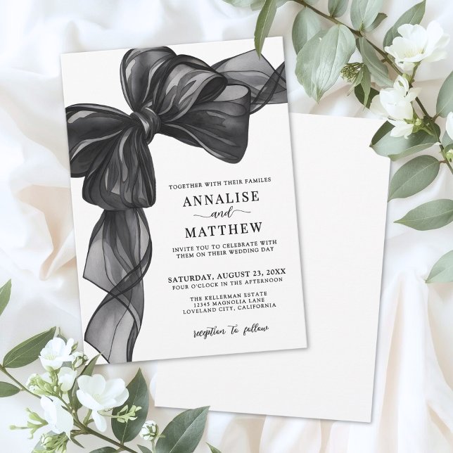 Convites Arco Elegante Preto e Branco de Casamento (Elegant Bow Black And White Wedding Invitation)