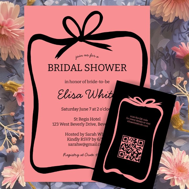 Convites Arco Fita de Fita Elegante Chá de panela PERSONALI (Bow Ribbon Frame Elegant Bridal Shower CUSTOM Invitation Pink BLack )