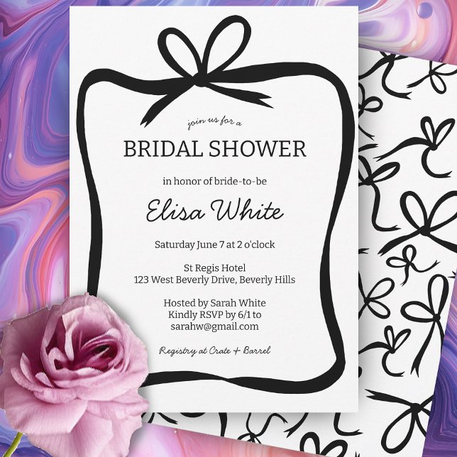 Convites Arco Fita de Fita Elegante Chá de panela PERSONALI (Bow Ribbon Frame Elegant Bridal Shower CUSTOM Invitation
Black and White Simple Cute Party Invite )