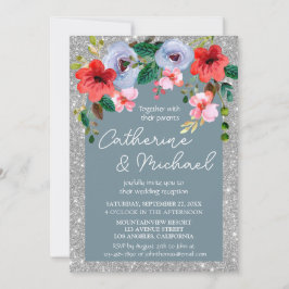 Convites Arco Floral Aquarela com Brilho Prata Azul Empoeir