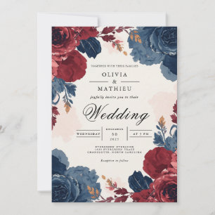 Convites Arco Floral Azul Burgundy Profundo Casamento