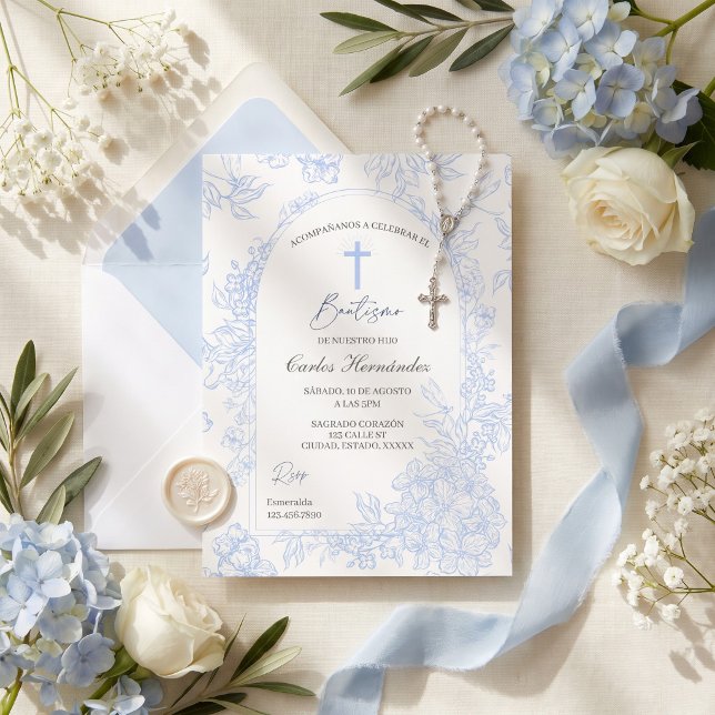 Convites Arco Floral Azul Elegante Bautismo  (Criador carregado)