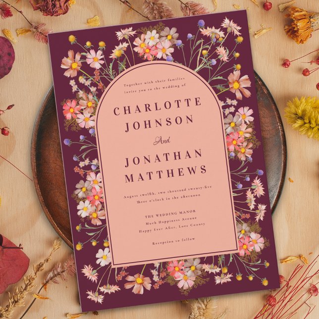 Convites Arco Floral Boho Borgonha Casamento de Outono (Wildflower arch elegant burgundy fall wedding invitation peach burnt orange terracotta dried flowers)