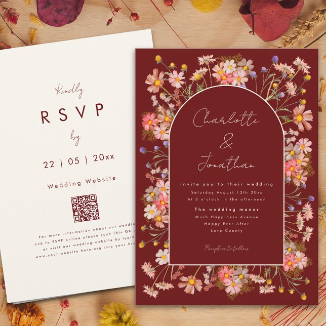 Convites Arco Floral Boho em Terracota para Casamento de Ou (Wildflower arch boho script burgundy terracotta fall wedding invitation with qr code)