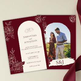 Convites Arco Floral Burgundy Profundo para Foto de Casamen