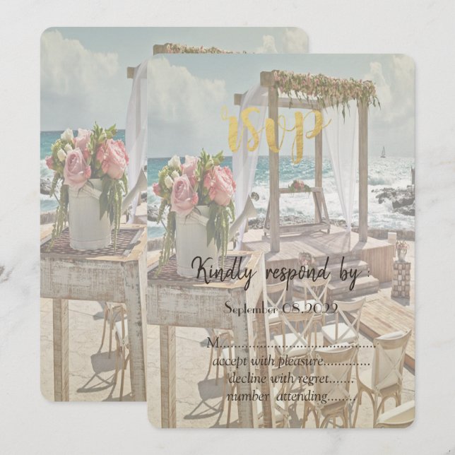 Convites Arco Floral Casamento Retro Praia RSVP  (Frente/Verso)