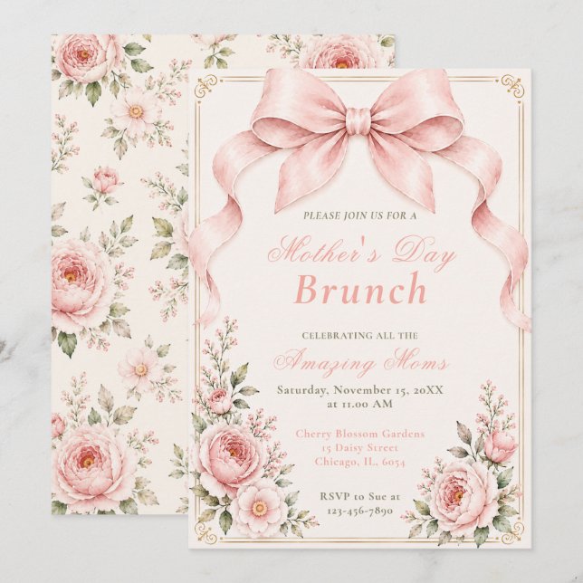 Convites Arco Floral Coquete Mãe Brunch (Frente/Verso)